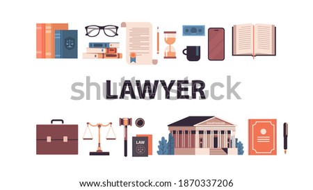 law and justice set gavel judge books scales courthouse icons collection horizontal vector illustration