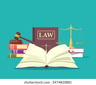 Law and justice set icon, Scales of justice, gavel and books, Conceptual justice and law. Vector illustration in flat design