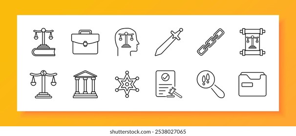 Law and justice set icon. Scales of justice, briefcase, law in mind, sword, chain, legal document, courthouse, sheriff badge, judge hammer, warning magnifier, legal folder