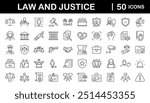 Law and justice set of web icons in linear style. Justice and law icons for web and mobile app. Legal documents. Law, judgement, prison, justice, court legal, lawyer, criminal. Vector illustration