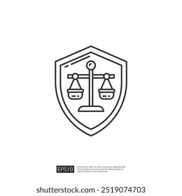 Icono del escudo de la ley y la justicia. Símbolo de Abogado y Protección Legal con Escala de Justicia. Ilustración vectorial.