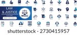 Law and Justice Solid Icon Set Legal, Court, Judge, Gavel, Scales, Attorney, Rights, Compliance, Crime, Document Professional Vector Set Editable