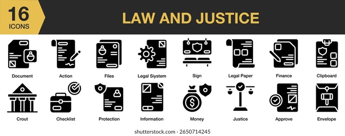 Conjunto de ícone sólido Lei e Justiça. Inclui justiça, advogado, direito, tribunal, juiz, jurídico e muito mais. Coleção vetorial de ícones sólidos.