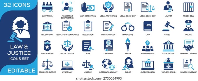 Law and justice solid icon set featuring legal documents, lawyer, judge, courthouse, jury, police, handcuffs, human rights, regulation, and legal protection. Clean flat vector icons for legal services, law firms, justice system, and compliance projects.