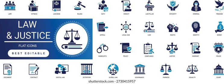Law and Justice Solid Icon Set Legal, Court, Judge, Gavel, Scales, Attorney, Rights, Compliance, Crime, Document Professional Vector Set Editable