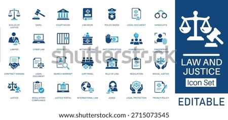 Law and Justice solid icon set. Includes symbols for Scales of Justice, Gavel, Cyber Law, and Anti-corruption. Solid vector icons for legal consultancy, court system, and regulatory compliance.