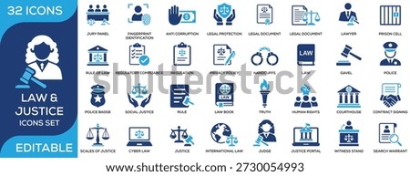 Law and justice solid icon set featuring legal documents, lawyer, judge, courthouse, jury, police, handcuffs, human rights, regulation, and legal protection. Clean flat vector icons for legal services, law firms, justice system, and compliance projects.