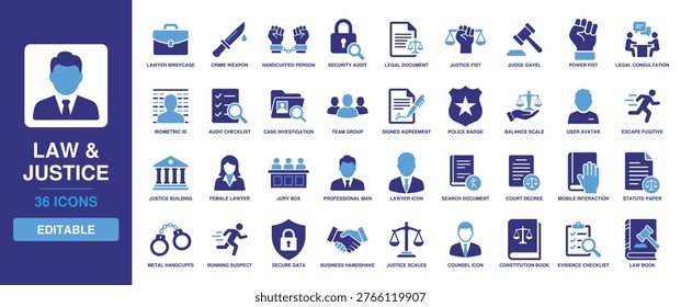 Law and Justice Solid Vector Glyph Icon Set featuring Judge Gavel, Balance Scale, Police Badge, Legal Document, Lawyer Briefcase, and Courtroom Investigation for Legal Services.