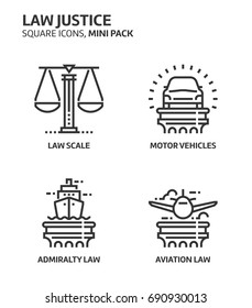 Law and justice, square mini icon set. The illustrations are a vector, editable stroke, thirty-two by thirty-two matrix grid, pixel perfect files. Crafted with precision and eye for quality.
