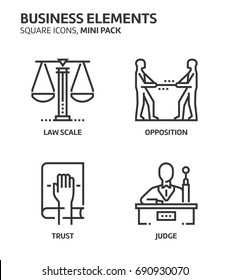 Law and justice, square mini icon set. The illustrations are a vector, editable stroke, thirty-two by thirty-two matrix grid, pixel perfect files. Crafted with precision and eye for quality.