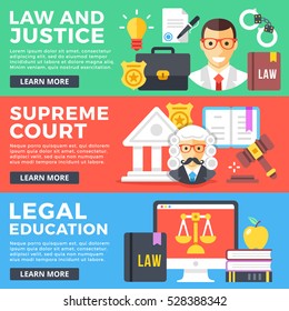 Law and justice, supreme court, legal education flat illustration concepts set. Flat design graphics elements for web banners, web sites, printed materials, infographics. Modern vector illustrations