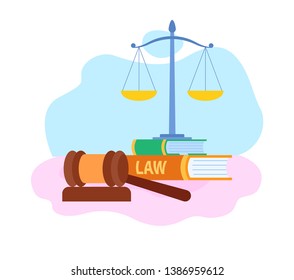 Law and Justice Symbols Flat Vector Illustration. Judge Wooden Gavel, Scales Cartoon Illustration. Judicial System. Lawyer School, Faculty. Civil Rights. Books, Textbooks Piles and Reports Stack