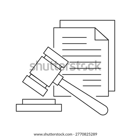 Law and justice system concept featuring a wooden judge gavel resting on a sound block with paper documents in the background representing legal advice court trial contract agreement rights protection and professional attorney services for corporate and personal law.Editable stroke, Vector illustration, Line art Icon, Symbols.