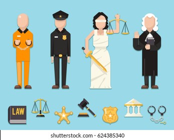 Law justice Themis Femida scales sword police judge prisoner characters icons symbols set flat icon vector illustration