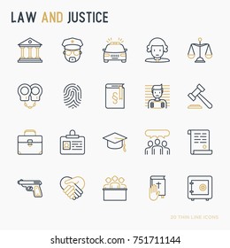 Law And Justice Thin Line Icons Set: Judge, Policeman, Lawyer, Fingerprint, Jury, Agreement, Witness, Scales. Vector Illustration.