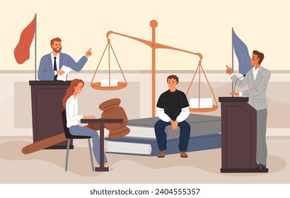 Law and justice. Tiny people with judicial elements. Prosecutor and lawyer debate. Judge in court. Judgement scales and lawbooks. Witness and accused at tribunes. Garish