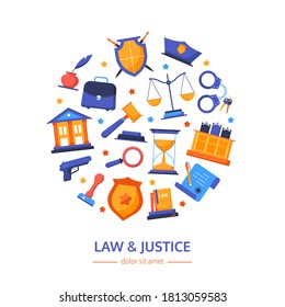 Law and justice - vector flat design style banner with copy space for text. Order and legacy idea. Gavel, court, handcuffs, scroll, gun, shield symbols of crime and punishment images in a round frame