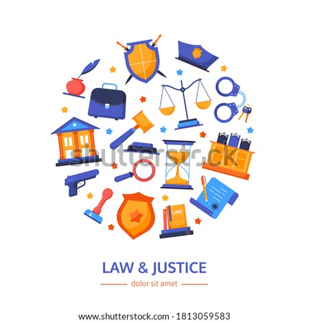 Law and justice - vector flat design style banner with copy space for text. Order and legacy idea. Gavel, court, handcuffs, scroll, gun, shield symbols of crime and punishment images in a round frame