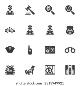 Law and justice vector icons set, modern solid symbol collection, filled style pictogram pack. Signs, logo illustration. Set includes icons as police officer, judge gavel, jail prison, handcuff, dog