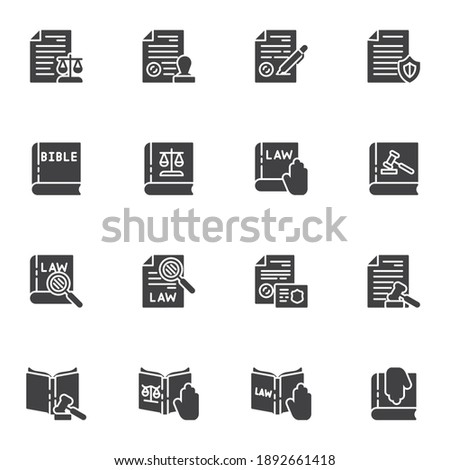 Law and justice vector icons set, legal documents modern solid symbol collection, filled style pictogram pack. Signs, logo illustration. Set includes icons as law book, bible, judge gavel, stamp