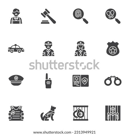 Law and justice vector icons set, modern solid symbol collection, filled style pictogram pack. Signs, logo illustration. Set includes icons as police officer, judge gavel, jail prison, handcuff, dog