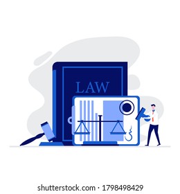 Law and justice vector illustration concept with people character standing near scale of justice, judge gavel and signed legal contract. Modern vector illustration in flat style for landing page.