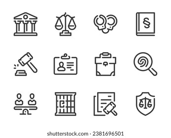 Iconos de línea vectorial de ley y justicia. Juego de iconos de resumen de sentencia y legislación. Escalas de justicia, esposas, corte, evidencia, veredicto, celda de prisión, castigo, autoridad, cárcel y más.