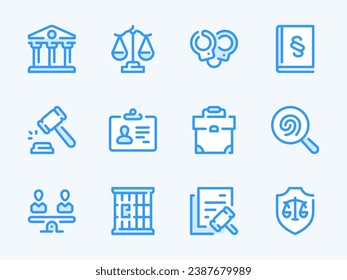 Law and Justice vector line icons. Judgment and Legislation outline icon set. Scales of Justice, Handcuffs, Courthouse, Evidence, Verdict, Prison Cell, Punishment, Authority, Jail and more.