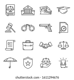 Law And Justice Vector Lines Icon Set. Contains Such Icons As Police, Court, Lawyer And More. Editable Stroke