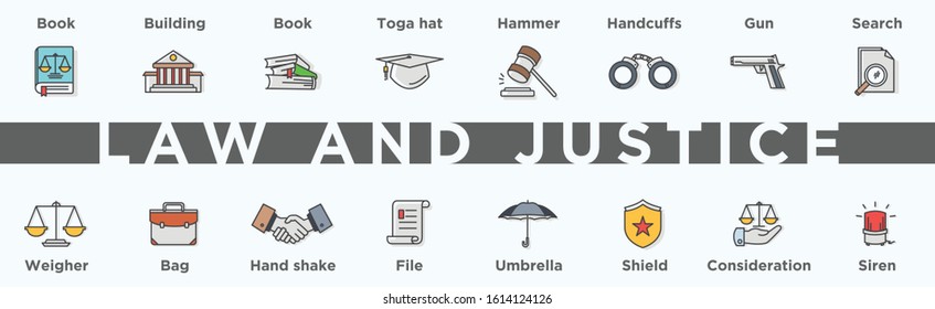 Law and justice vector lines icon set. Contains such Icons as police, court, lawyer and more. Editable Stroke