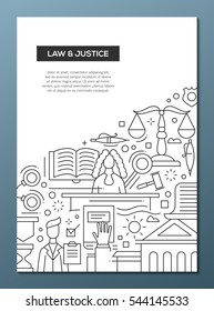 Law and Justice - vector plain line design brochure poster, flyer presentation template, A4 size layout. Court symbols
