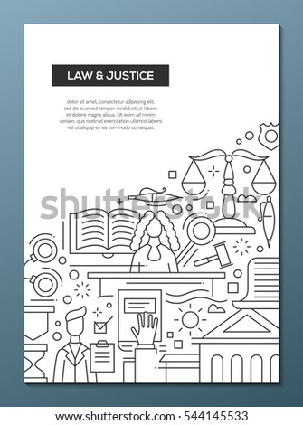 Law and Justice - vector plain line design brochure poster, flyer presentation template, A4 size layout. Court symbols