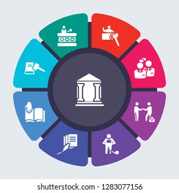 law and justice vector template for infographics. Business concept with 9 options, steps, parts, segments. Banner infographic cycling diagram, round chart, Courthouse, court Trial, Court icons