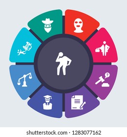 law and justice vector template for infographics. Business concept with 9 options, steps, parts, segments. Banner infographic cycling diagram, round chart, bankruptcy, Bandit, Balaclava icons