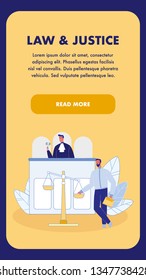 Law and Justice Vertical Landing Page Template. Judge in Gown with Gavel. People in Courtroom. Attorney, Lawyer with Briefcase. Justice Scales. Magistrate Making Decision. Job, Occupation
