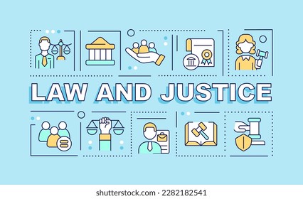 Law and justice word concepts blue banner. Legal cases. Infographics with editable icons on color background. Isolated typography. Vector illustration with text. Arial-Black font used