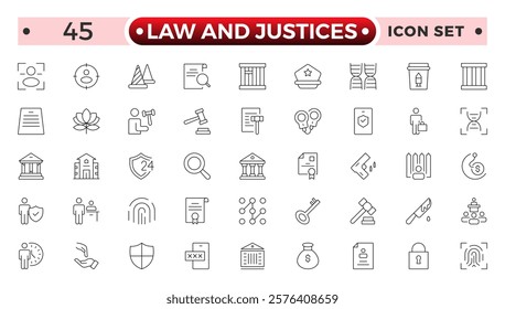 law and Justices icon set such as thin line divorce, protection law, diplopy, law enforcement, firm, police badge, services icons for report, presentation, diagram justice set.
