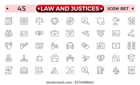 law and Justices icon set such as thin line divorce, protection law, diplopy, law enforcement, firm, police badge, services icons for report, presentation, diagram justice set.
