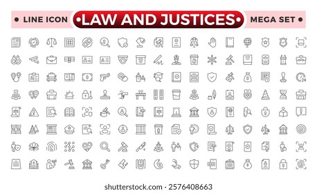 law and Justices icon set such as thin line divorce, protection law, diplopy, law enforcement, firm, police badge, services icons for report, presentation, diagram justice set.
