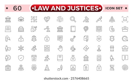 law and Justices icon set such as thin line divorce, protection law, diplopy, law enforcement, firm, police badge, services icons for report, presentation, diagram justice set.
