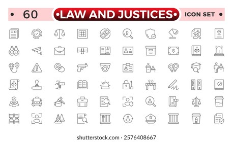 law and Justices icon set such as thin line divorce, protection law, diplopy, law enforcement, firm, police badge, services icons for report, presentation, diagram justice set.
