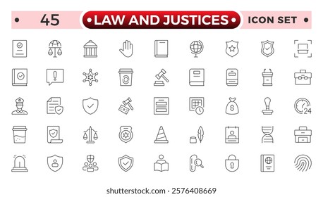 law and Justices icon set such as thin line divorce, protection law, diplopy, law enforcement, firm, police badge, services icons for report, presentation, diagram justice set.
