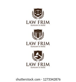 Law label with balance scale, open book and wreath Lawyer firm, company or attorney office logo. Justice symbol or emblem design concept