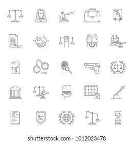 Law And Lawyer Signs Black Thin Line Icon Set Include Of Gun, Courthouse, Gavel, Scale, Briefcase, Handcuff, Handshake And Fingerprint. Vector Illustration