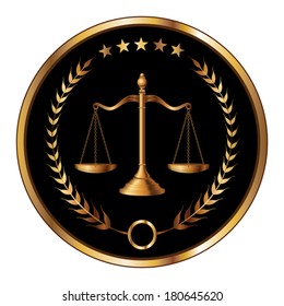 Law or Layer Seal is an illustration of a design for law, lawyers, or law firms in striking reflective gold and black. Includes scale of justice, laurel and gold stars.