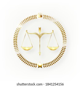 Law o Layer Seal es una ilustración de un diseño para abogados, abogados o bufetes de abogados en la búsqueda de oro reflexivo. Incluye la escala de la justicia, el laurel y las estrellas del oro.