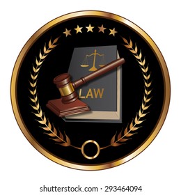 Law or Layer Seal is an illustration of a design for law, lawyers, or law firms that could be used as a logo or seal in striking reflective gold and black. Includes law book, gavel, and gold stars.