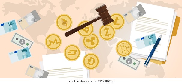 law legal aspect of crypto-currency coin set bitcoin digital currency virtual money exchange finance illustration vector