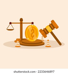 law or legal concept to pay compensation, hammer of justice with dollar symbol and beating pole. Workers compensation, wage replacement, work accident benefits.