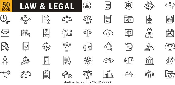 Law and legal editable outline icon set. Justice, court, contract, balance, lawyer, rights and more.